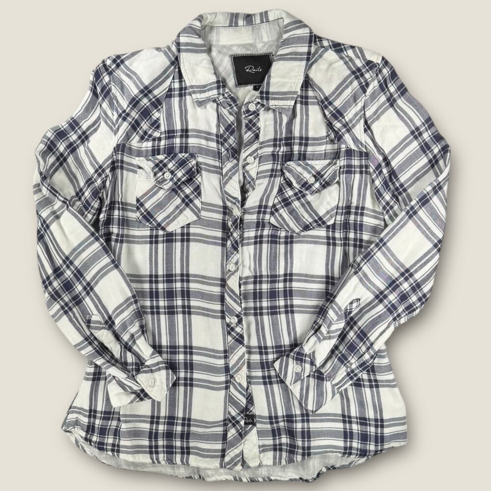 Rails Hunter Shirt Small White Navy Blue Plaid Rayon Tencel Soft Button Up S